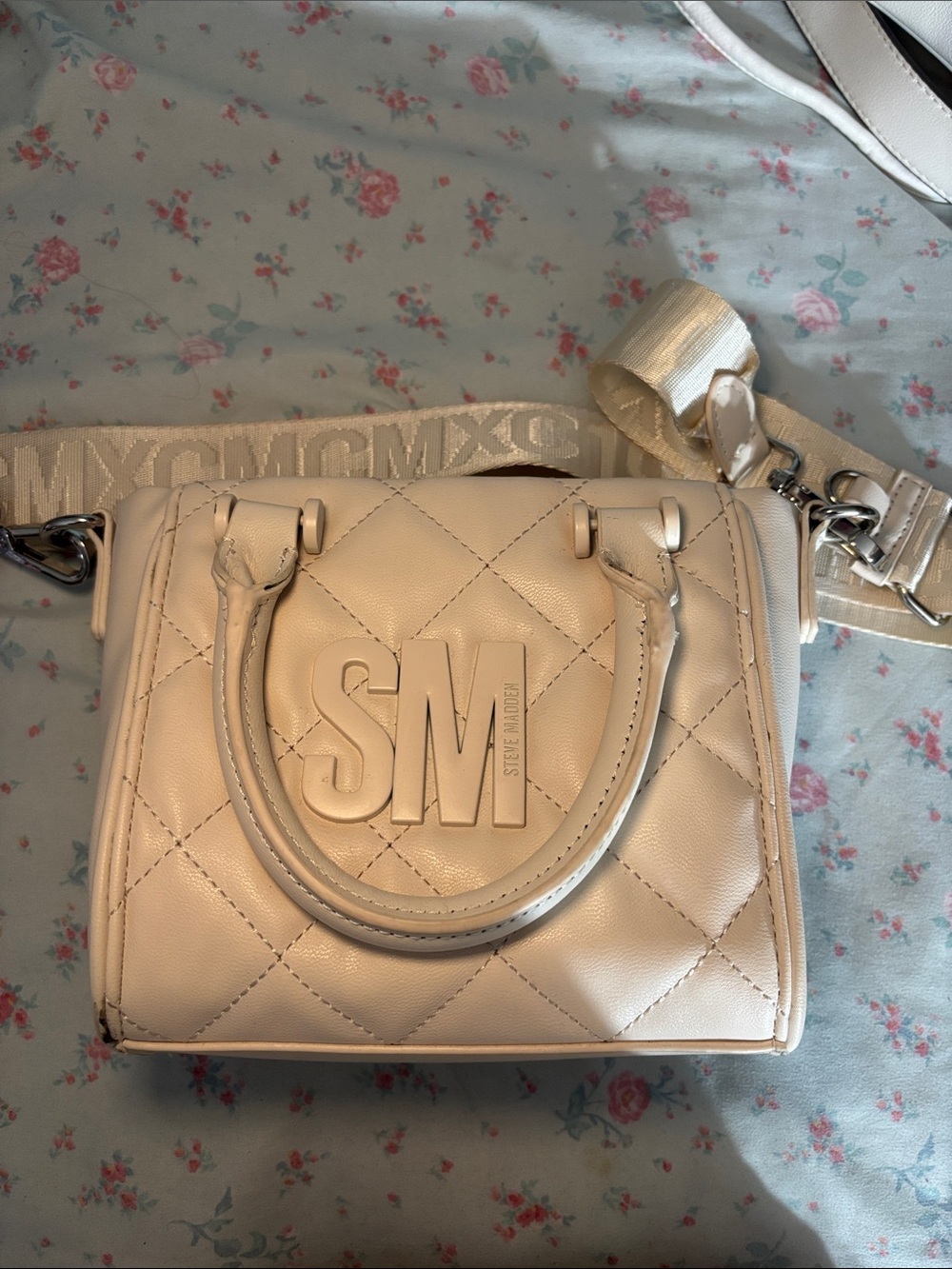 Steve Madden Cream Quilted Mini Crossbody Satchel with Detachable Logo Strap